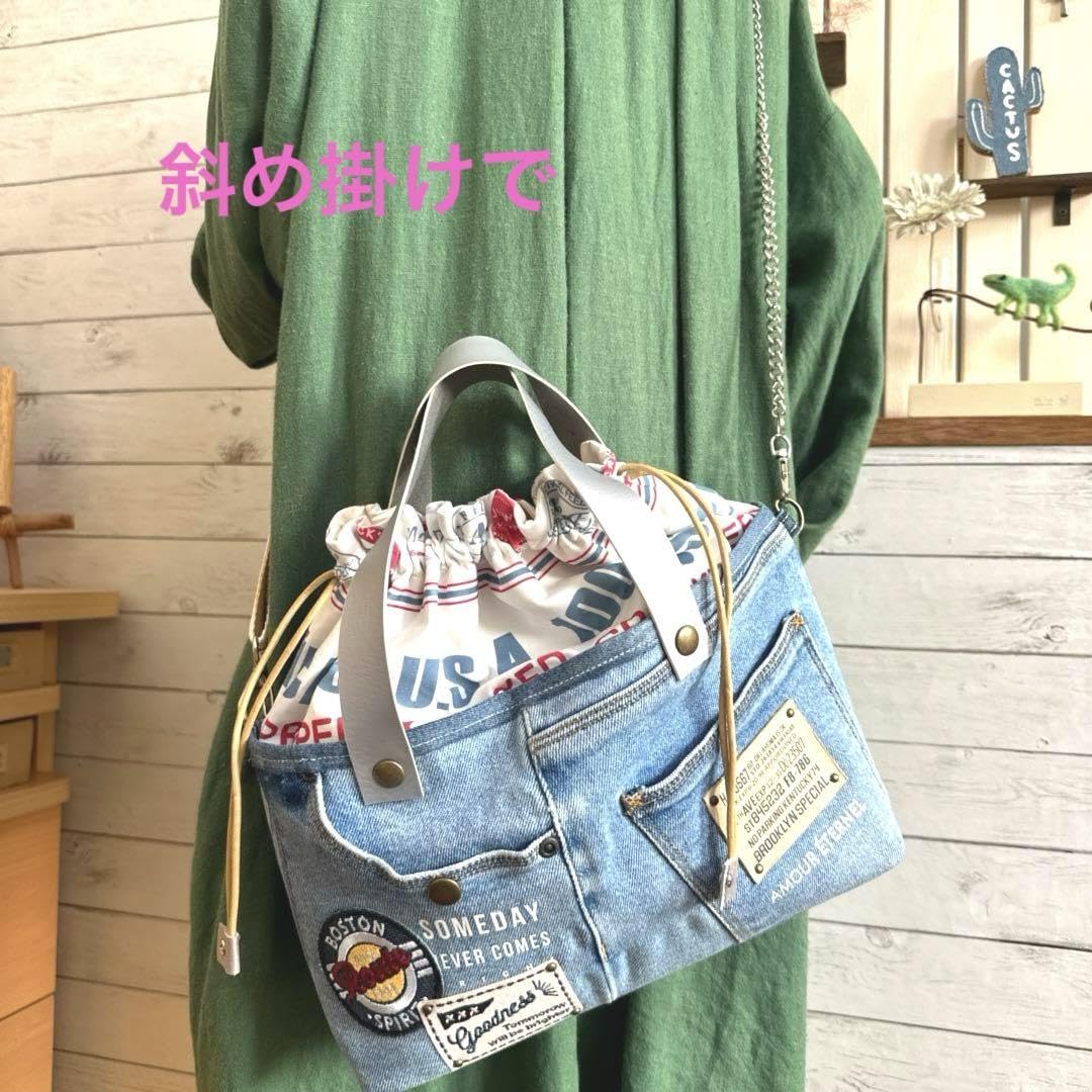 Amazon.co.jp: デニムリメイク 巾着バッグ 3way あおりポケット